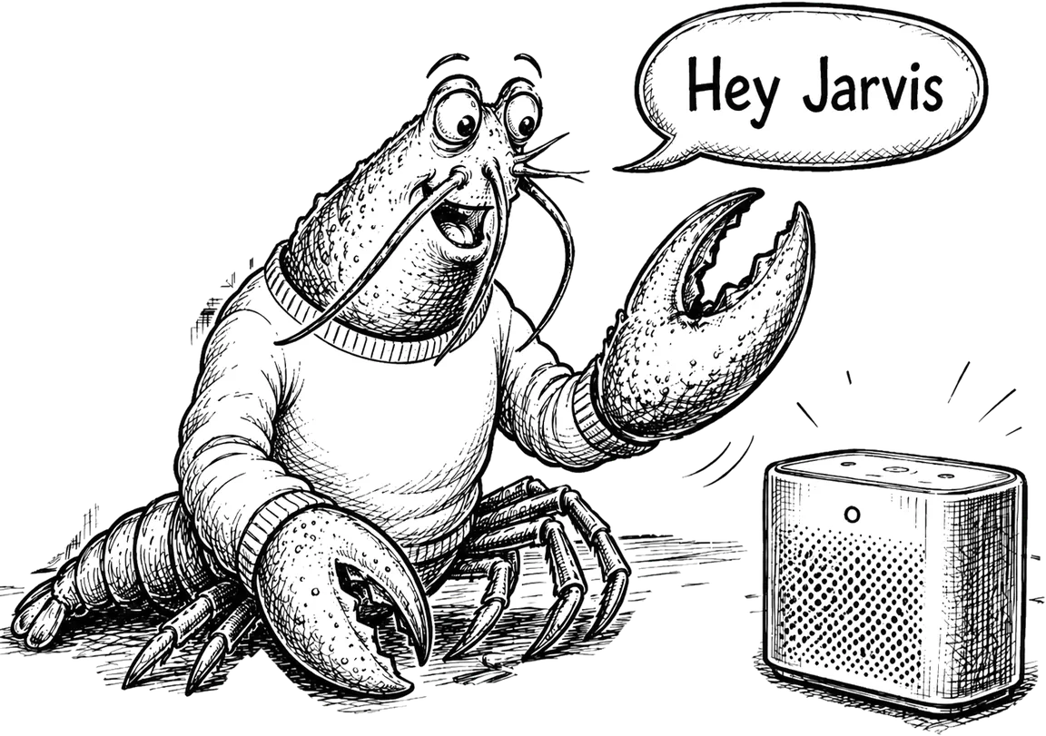 Cartoon lobster in a sweater saying “Hey Jarvis” to a smart speaker